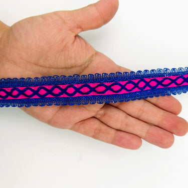 Fuchsia Pink Cotton Fabric Lace Trim with Royal Blue Thread Embroidery, Trim By 3 Yards, Craft Decorative Ribbon
